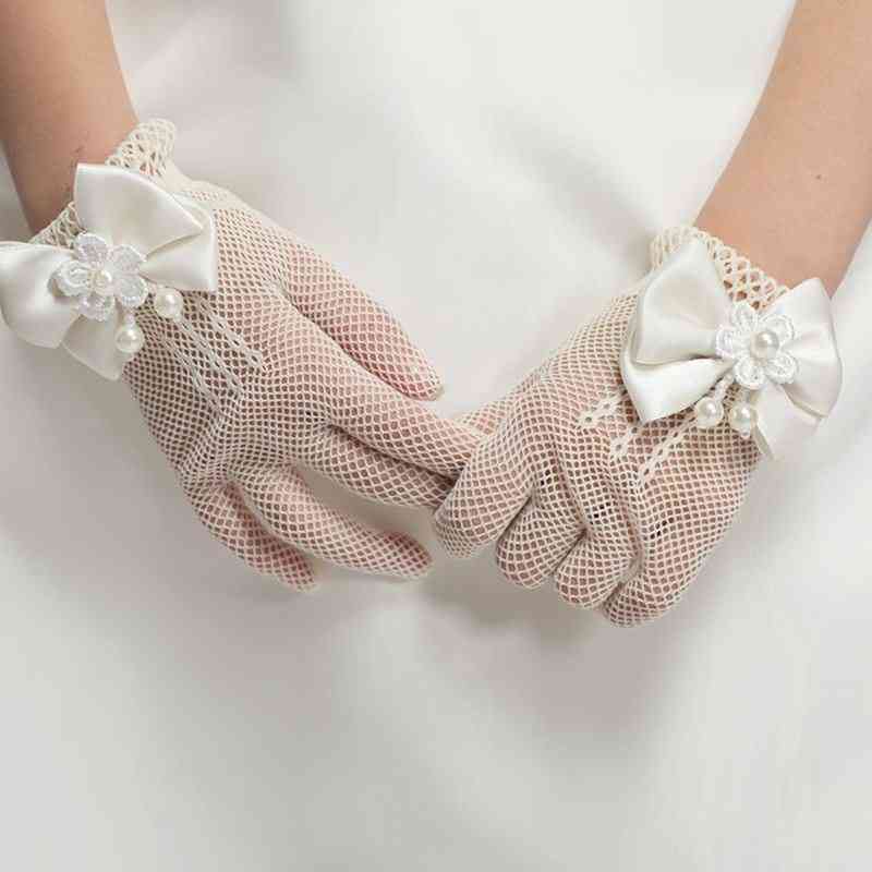 Gants de princesse de mariage pour filles - fête de bowknot en maille, anniversaire d'enfants, accessoires de célébration de cérémonie, gant de performance pour fille