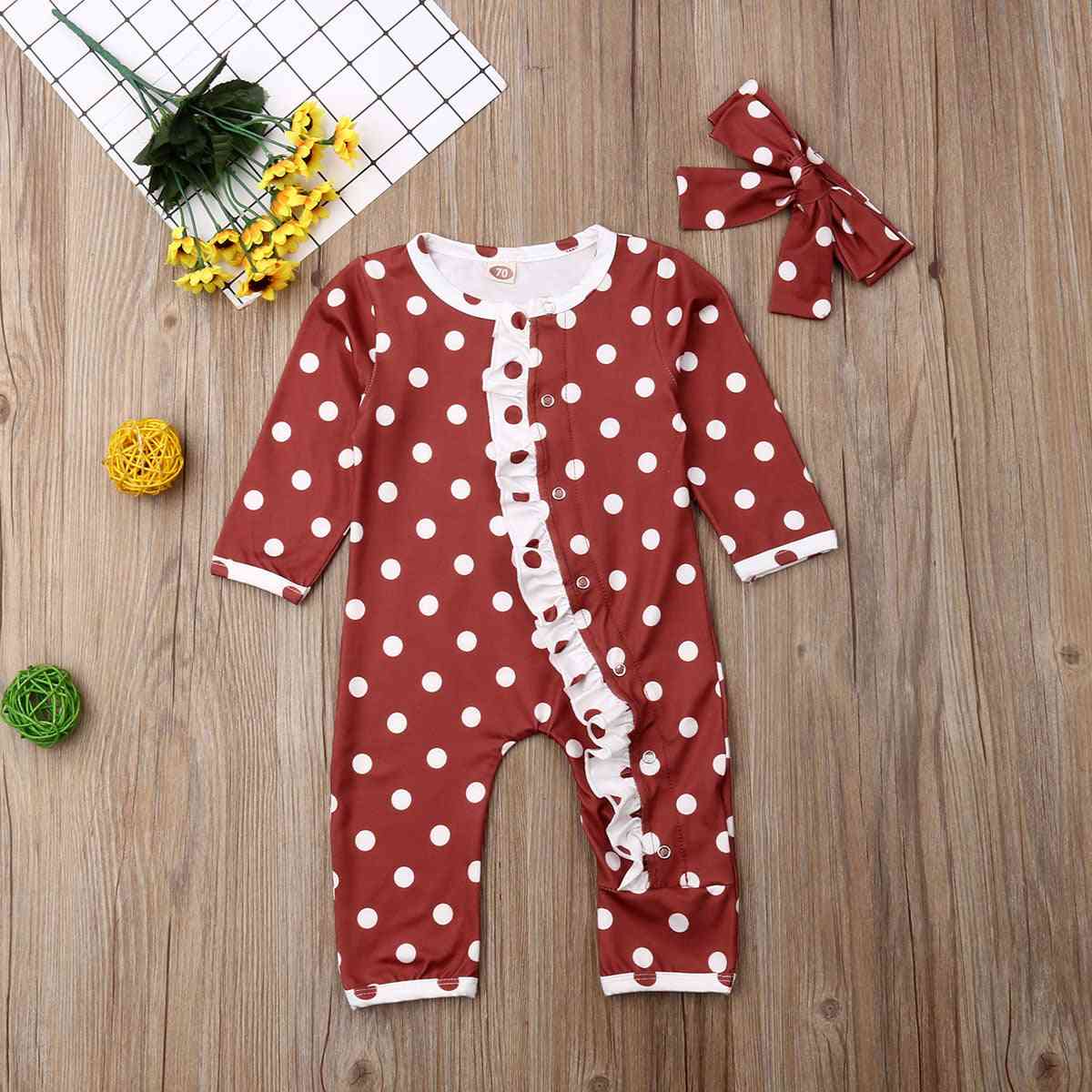 Round Neck, Dot Printed Rompers With Headband