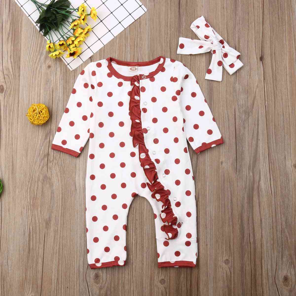 Round Neck, Dot Printed Rompers With Headband