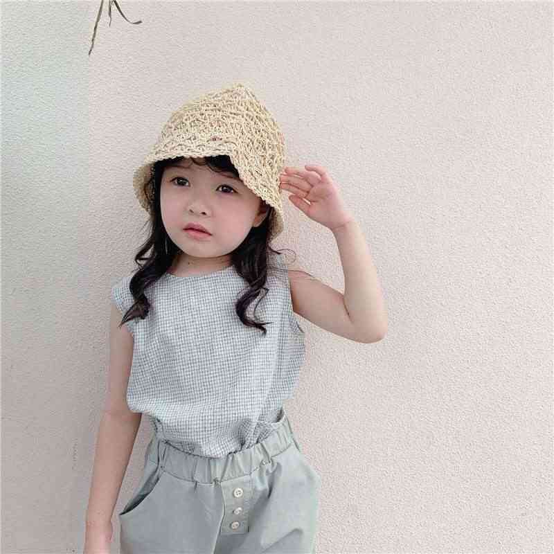 Vêtements pour enfants d'été filles coréen à carreaux lin coton gilet chemise sans manches col rond poche top mignon