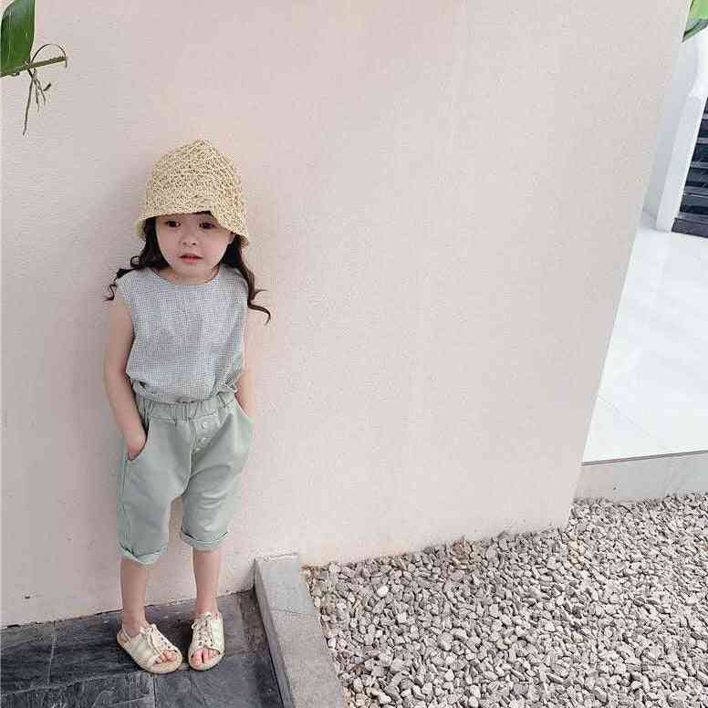 Children's Wear, Summer Korean Plaid Linen Cotton Vest Shirt, Sleeveless Round Neck Pocket Cute Top