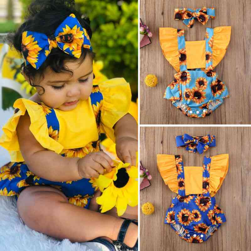 Sommer Mode Neugeborene Kinder Baby Mädchen Outfits Kleidung täglich Bodysuit Blume Strampler Stirnband