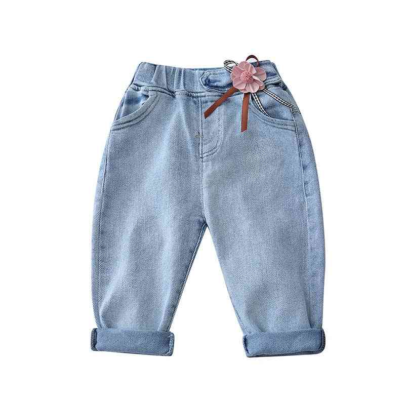 Full Length Elastic Waist Denim Trousers With Flower Patch For Kids