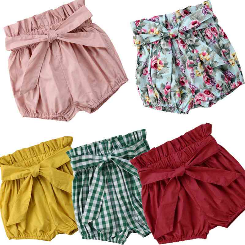 Baby sommer bomuld linned shorts bloomer ble bleer åndbar blød med bælte shorts