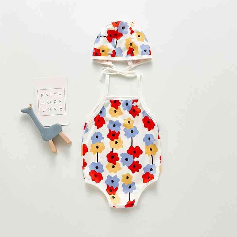 Summer Cute Flower Swimsuit With Hat For Baby Girl