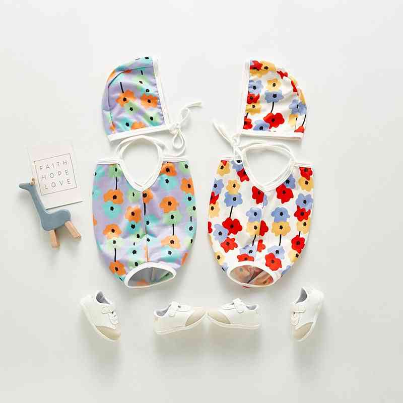 Summer Cute Flower Swimsuit With Hat For Baby Girl