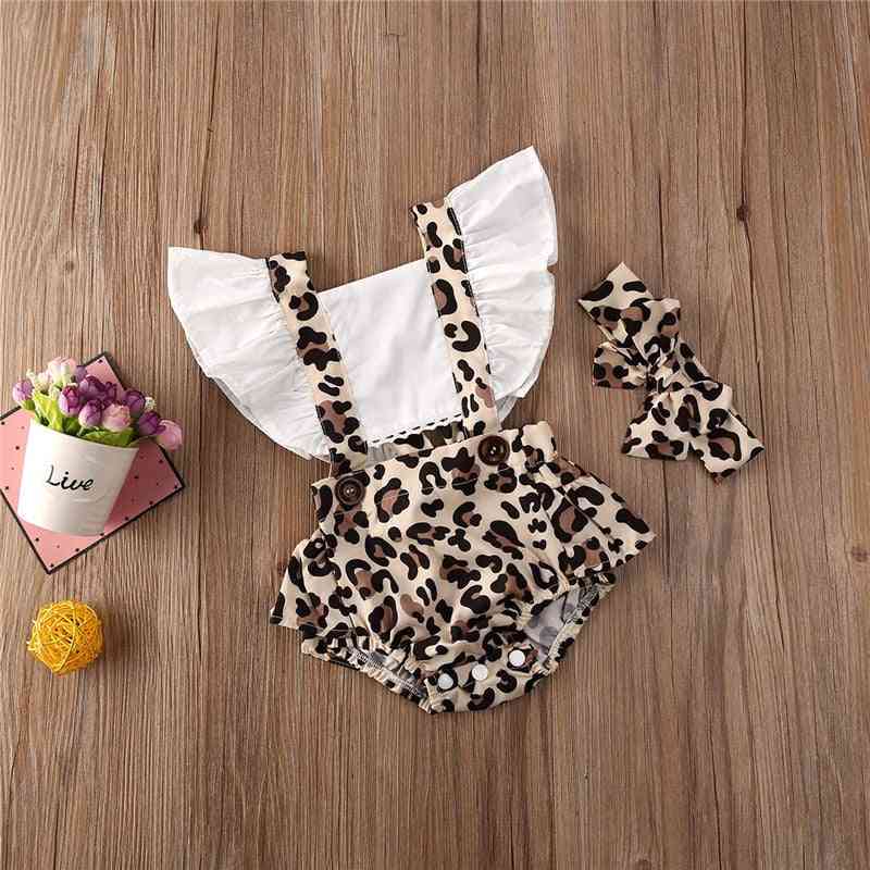 Nyfødte baby piger tøj leopard print rygløs flæse firkant krave bodysuit bue geometri pandebånd