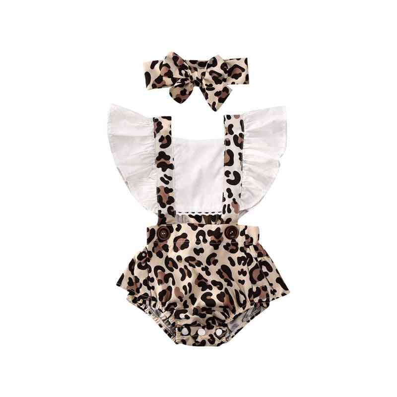 новородено бебе момичета дрехи леопардов принт гръб с волани квадратна яка боди лък геометрия лента за глава