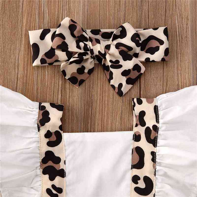 Nyfødte baby piger tøj leopard print rygløs flæse firkant krave bodysuit bue geometri pandebånd