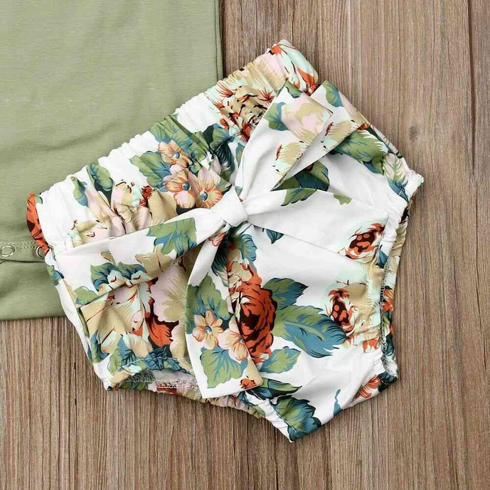 Flower Print Shorts And Headband-bodysuit Outfits For Newborn Babies