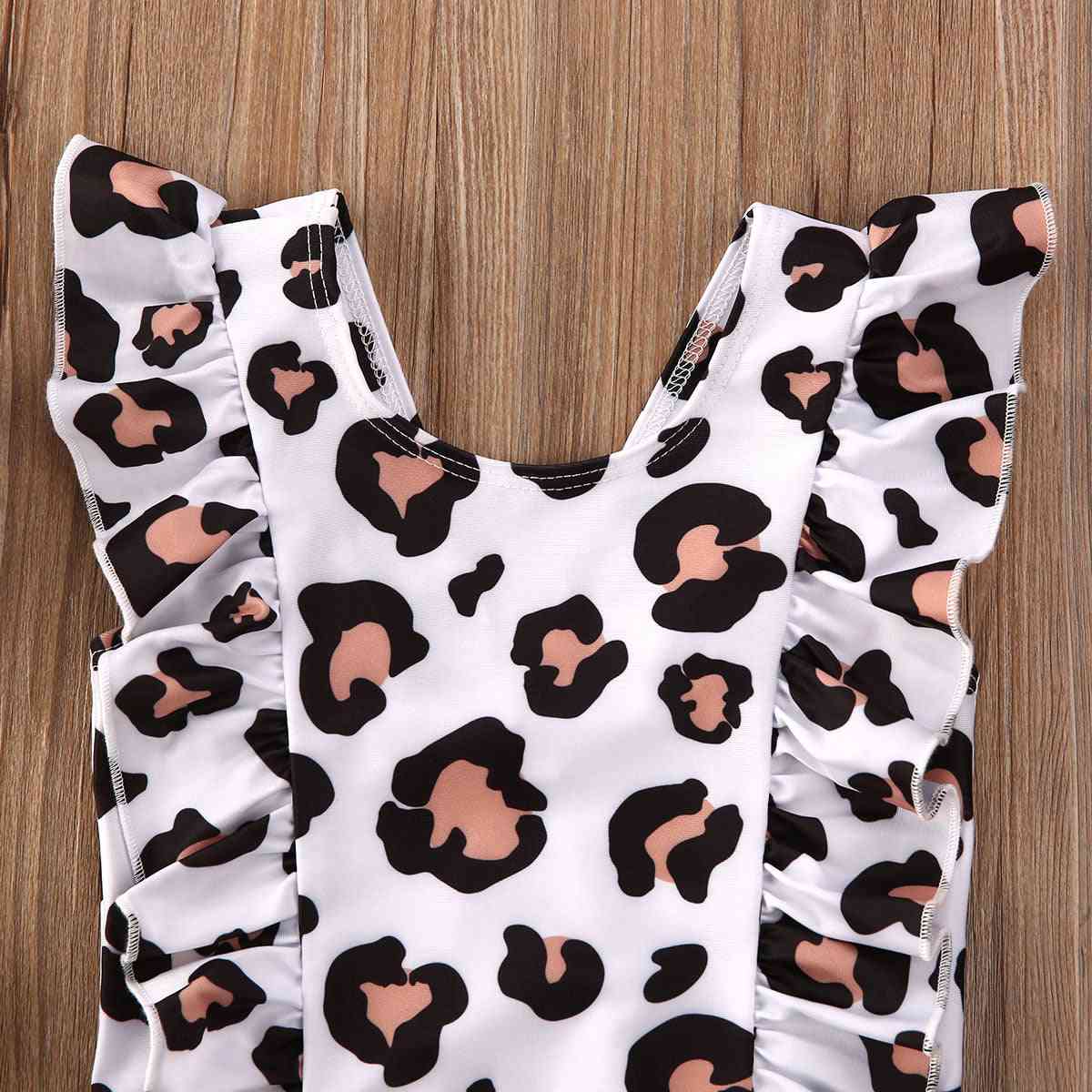 Ruffle Pattern, Leopard Print Bikini- Sleeveless Beachwear For Baby Girsl