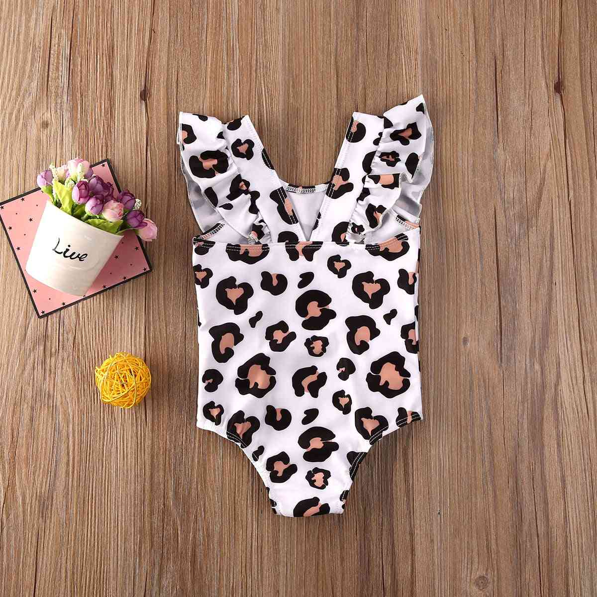 Ruffle Pattern, Leopard Print Bikini- Sleeveless Beachwear For Baby Girsl