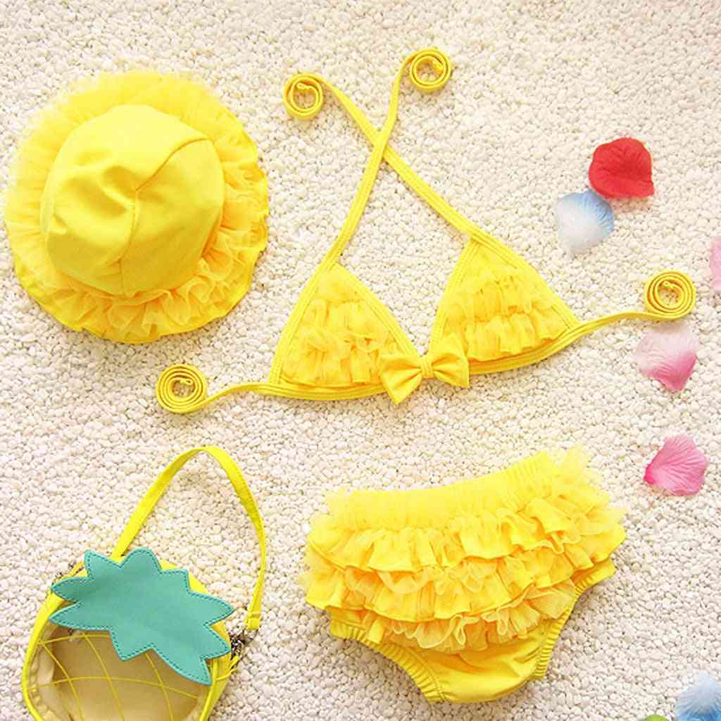 3бр детски костюми от две части, плувен сладък лък слънчева шапка, бебешки момичета плажен бански костюм момичета бански детски бански костюми за момичета бикини