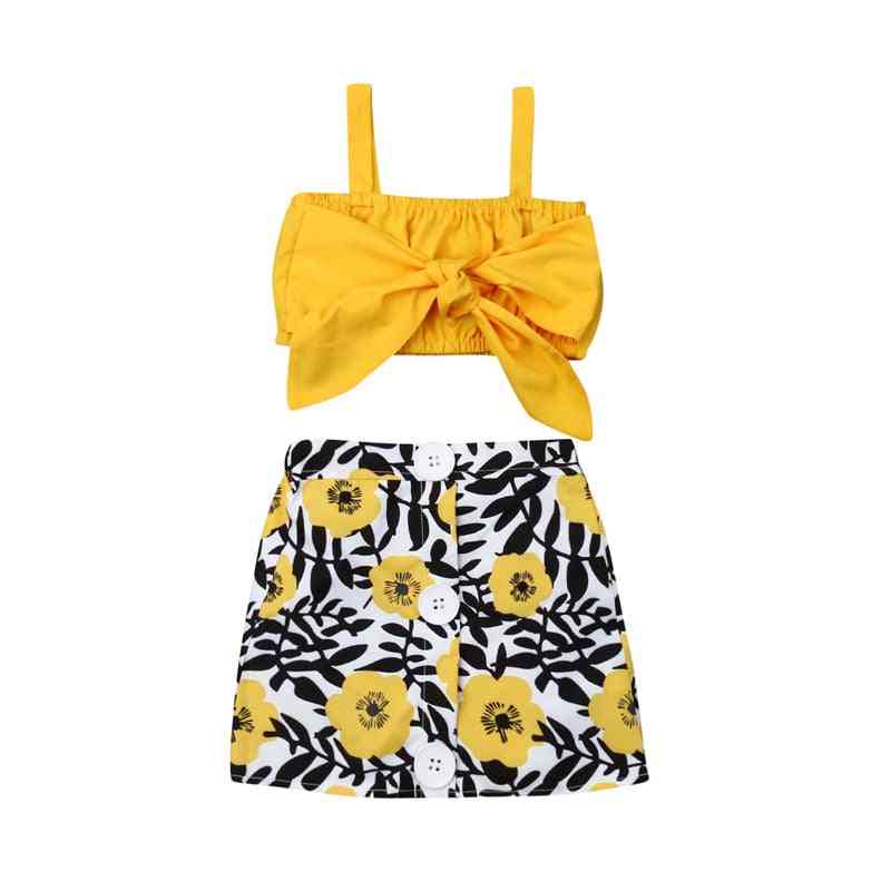 2 szt.Zestaw ubrań dla niemowląt-noworodka ubranka dla dziewczynki, urocza kamizelka z dużą kokardą topy spódnica w kwiaty, letnia plaża streetwear-21a / 12m