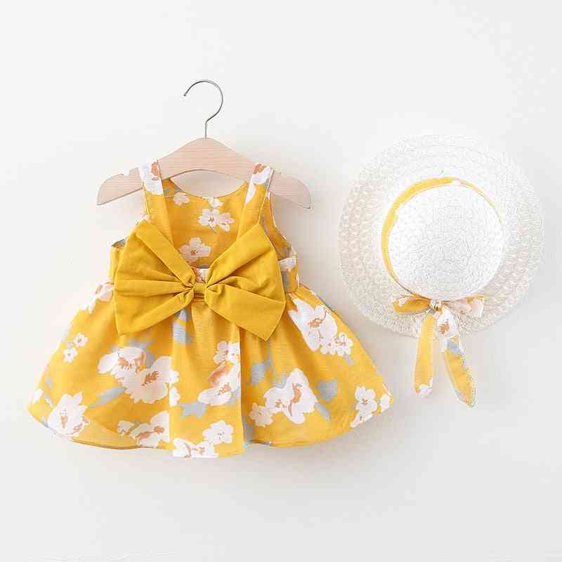 Summer Bow Design, Floral Print Dress With Hat For Small Kids