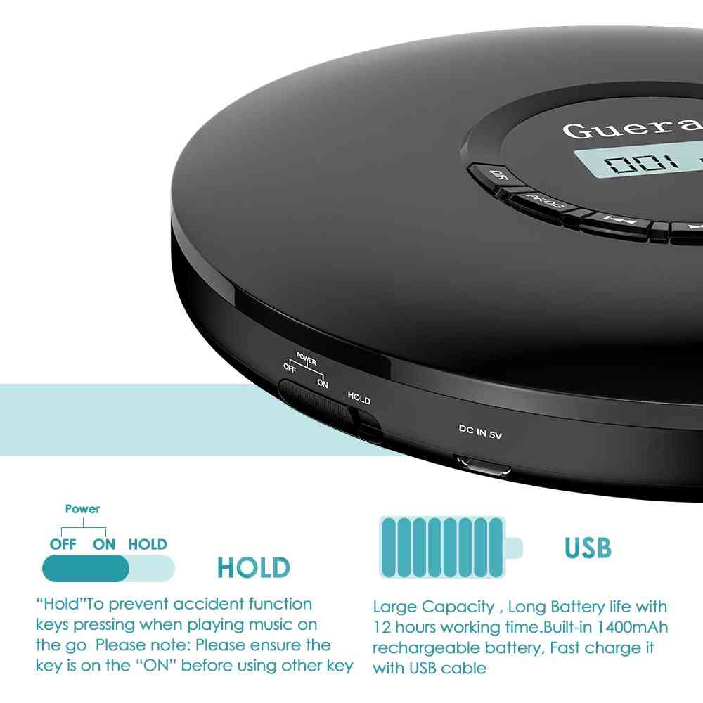Bärbar cd-spelare uppladdningsbar personlig kompakt skiva inbyggda hörlurar, hifi-musik walkman cd-spelare med LCD-skärm