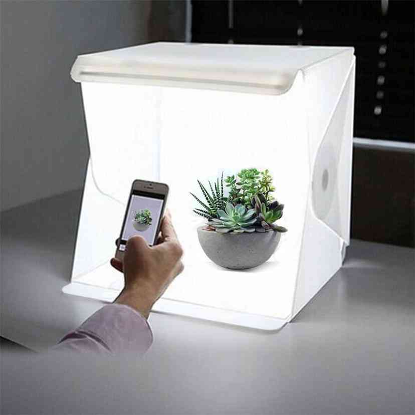 Mini fotostudiobox med 2 eva-bakgrunder, integrerad LED-panel och USB-kabel -