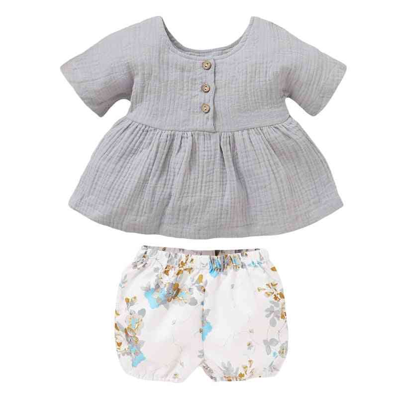 Sommer Baby Mädchen Neugeborene Baumwolle Leinen Outfit Set-Button Top & Shorts