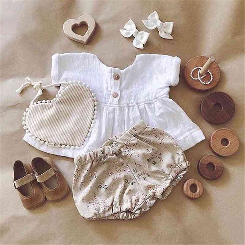 Sommer Baby Mädchen Neugeborene Baumwolle Leinen Outfit Set-Button Top & Shorts