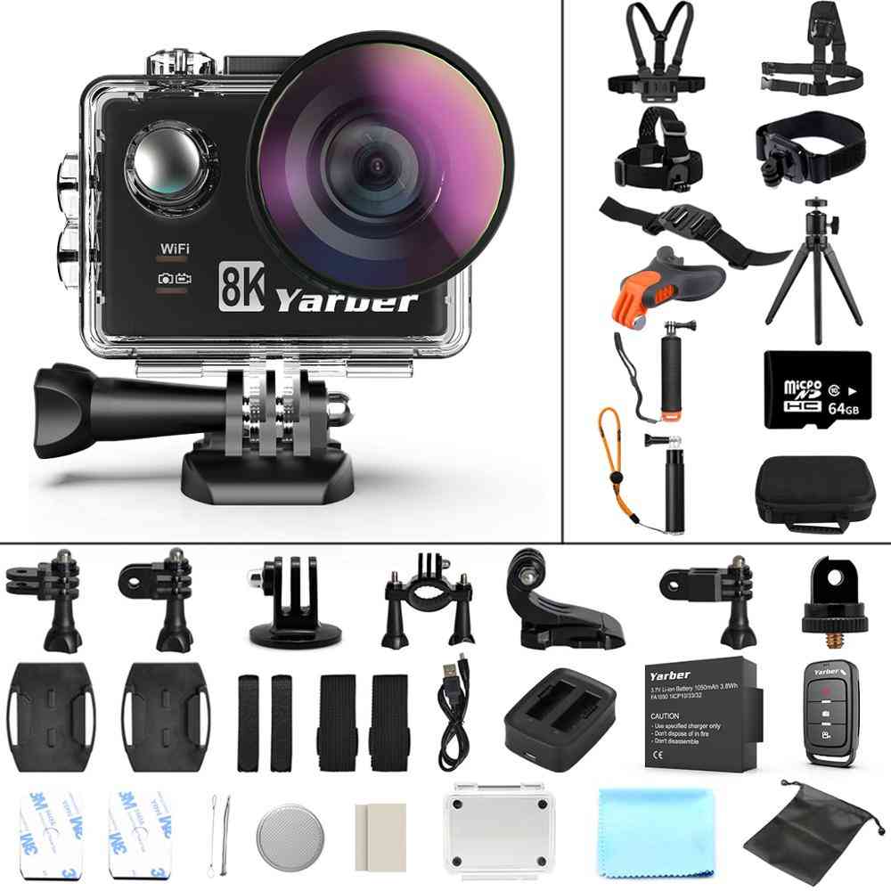 8k action-sports kamera, wifi 4k 60fps cykel-hjelm action-kameraer, 40m vandtæt dykning-video dash-cam med fjernapp - 8k action cam / standard