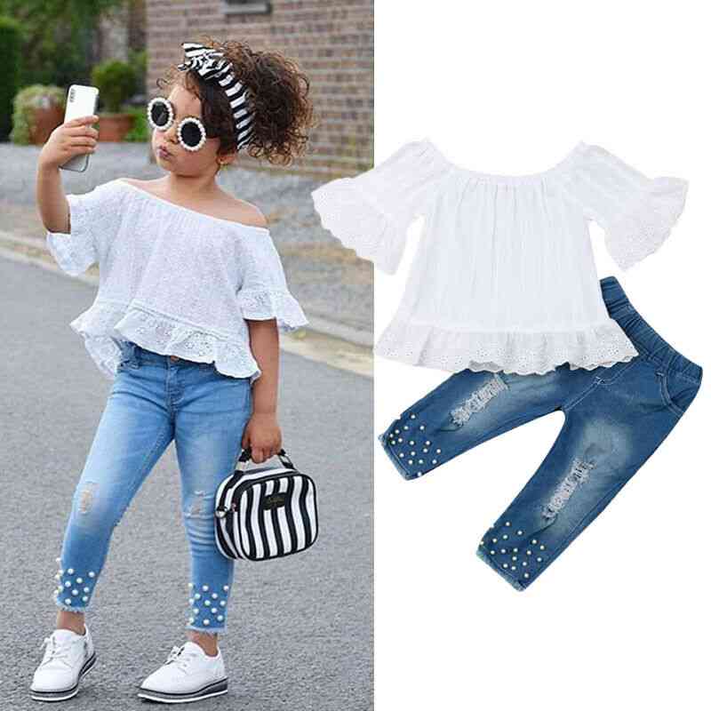 Girls Outfit Summer Off Shoulder Flare Sleeve Top & Hollow Jeans, Clothing