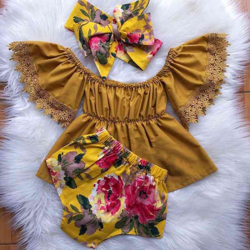 Newborn Baby Girl Toddler Infant Outfits Clothes Off Shoulder Solid Tops Floral Short Pant Headband