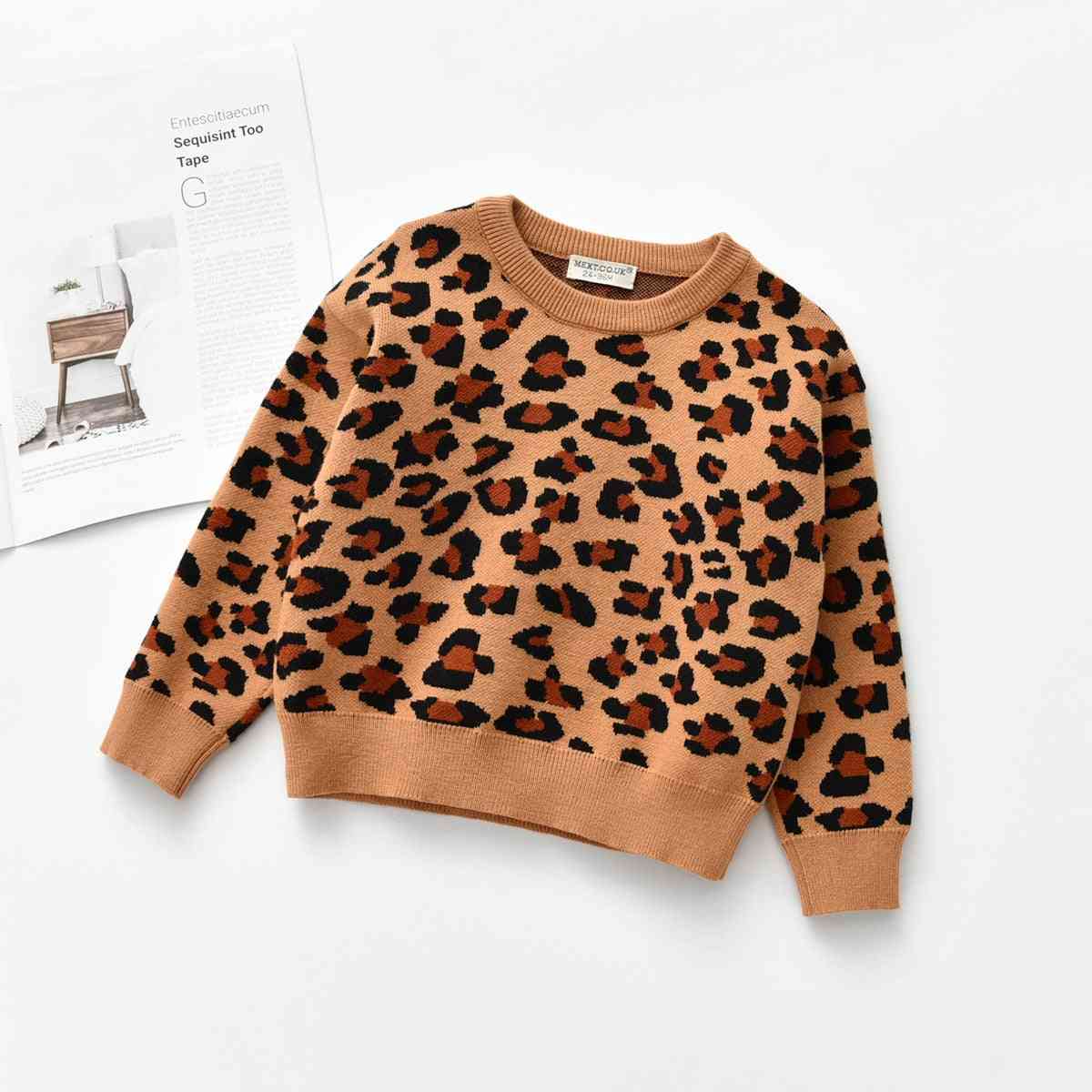 Leopard stickad tröja avslappnad långärmad barntröja, barn pojke / tjej kläder