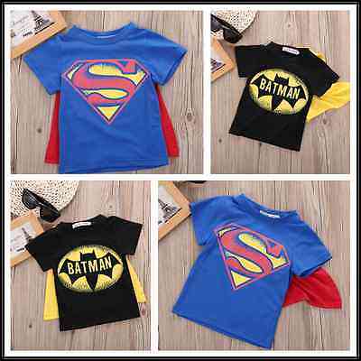 Tops de camiseta para niños con capa superman batman para niños, camisetas de manga corta de verano, camisetas para bebés, ropa para bebés, custume - negro / 2t