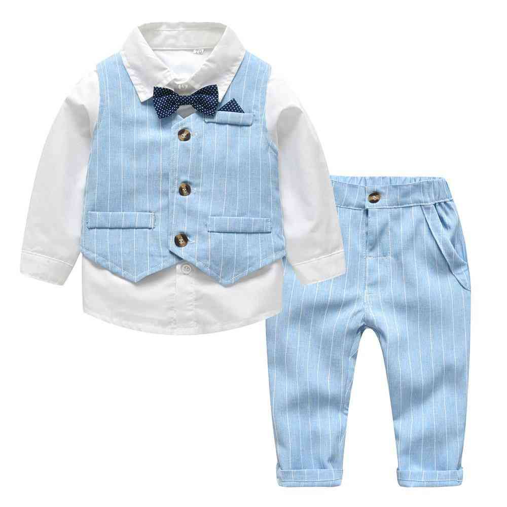 Baby Boy Shirt With Bow Tie+striped Vest+trousers, Clothes Set