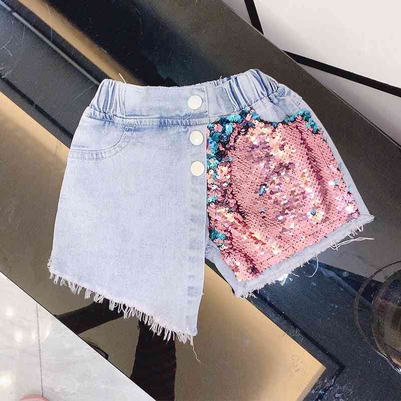 Sommar flickor jeans baby barn denim shorts-barn bottnar streetwear, mode paljett patch oregelbundna 3 till 8 år