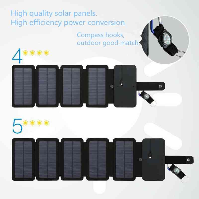Carregador de células solares dobráveis de energia solar 10w, dispositivos de saída USB 2.1a 5v painéis solares portáteis
