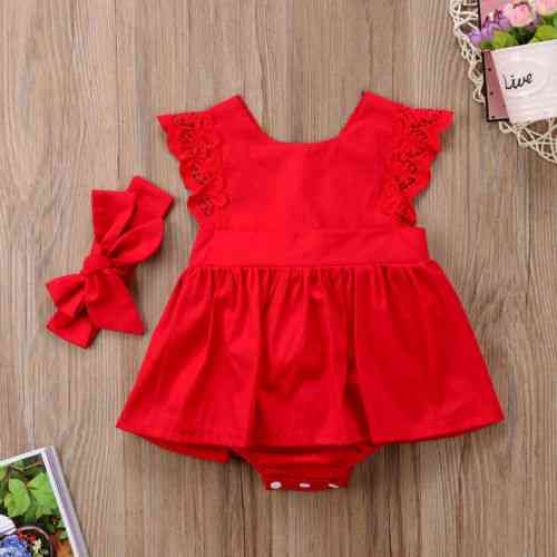 Ruffle Red Lace Romper Dress, Baby Princess Cotton Dresses