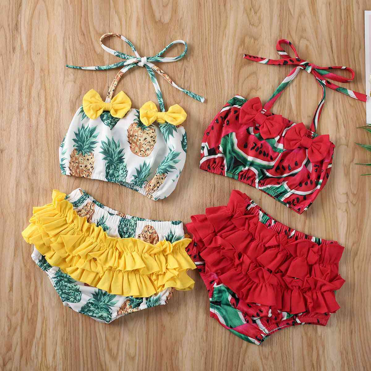 Baby Girl Summer Pineapple & Watermelon Print Swimwear Bikini Set, Ruffle Bowknot Swimsuit