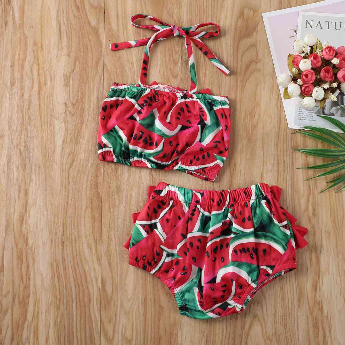 Baby Girl Summer Pineapple & Watermelon Print Swimwear Bikini Set, Ruffle Bowknot Swimsuit