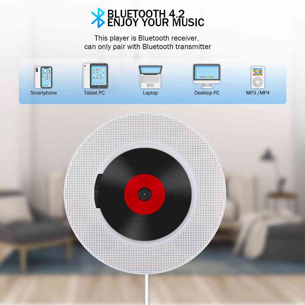 Bærbar vægmonterbar bluetooth cd-afspiller, USB-drev ledet display hifi-højttalerlyd med fjernbetjening