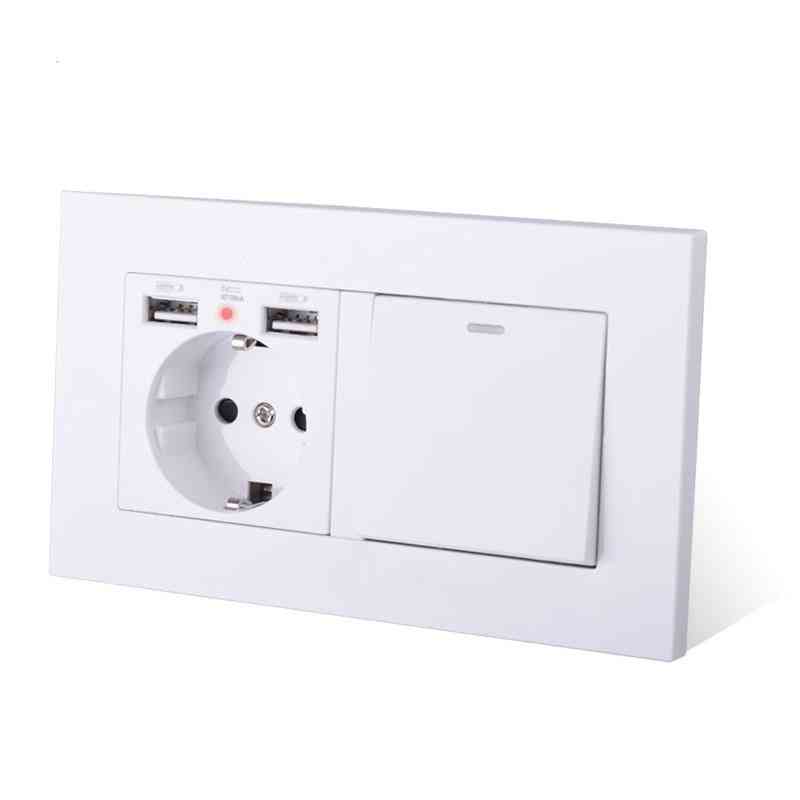 Eu Standard Wall Socket With 2-usb Charge Port Led & 1 Gang, 1 Way On-off Light Switch Pc Panel