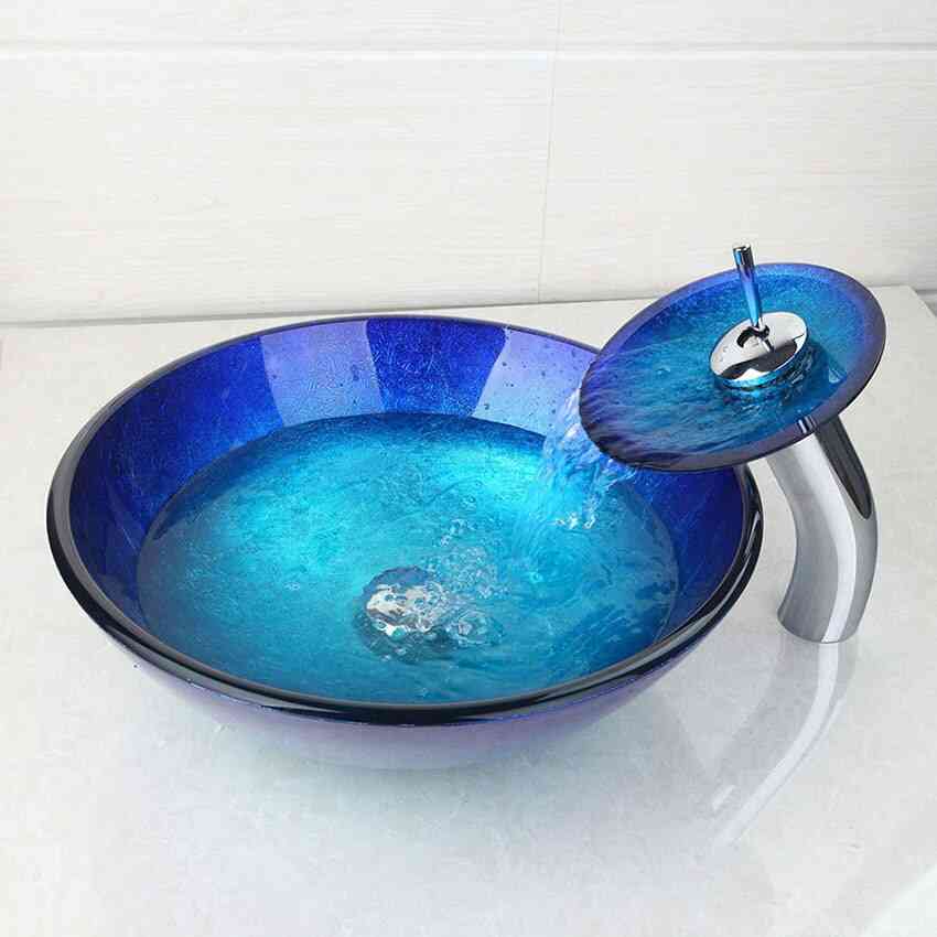 Tall Basin Tap+bathroom Sink Washbasin - Tempered Glass, Hand-painted Waterfall, Bath Brass Set
