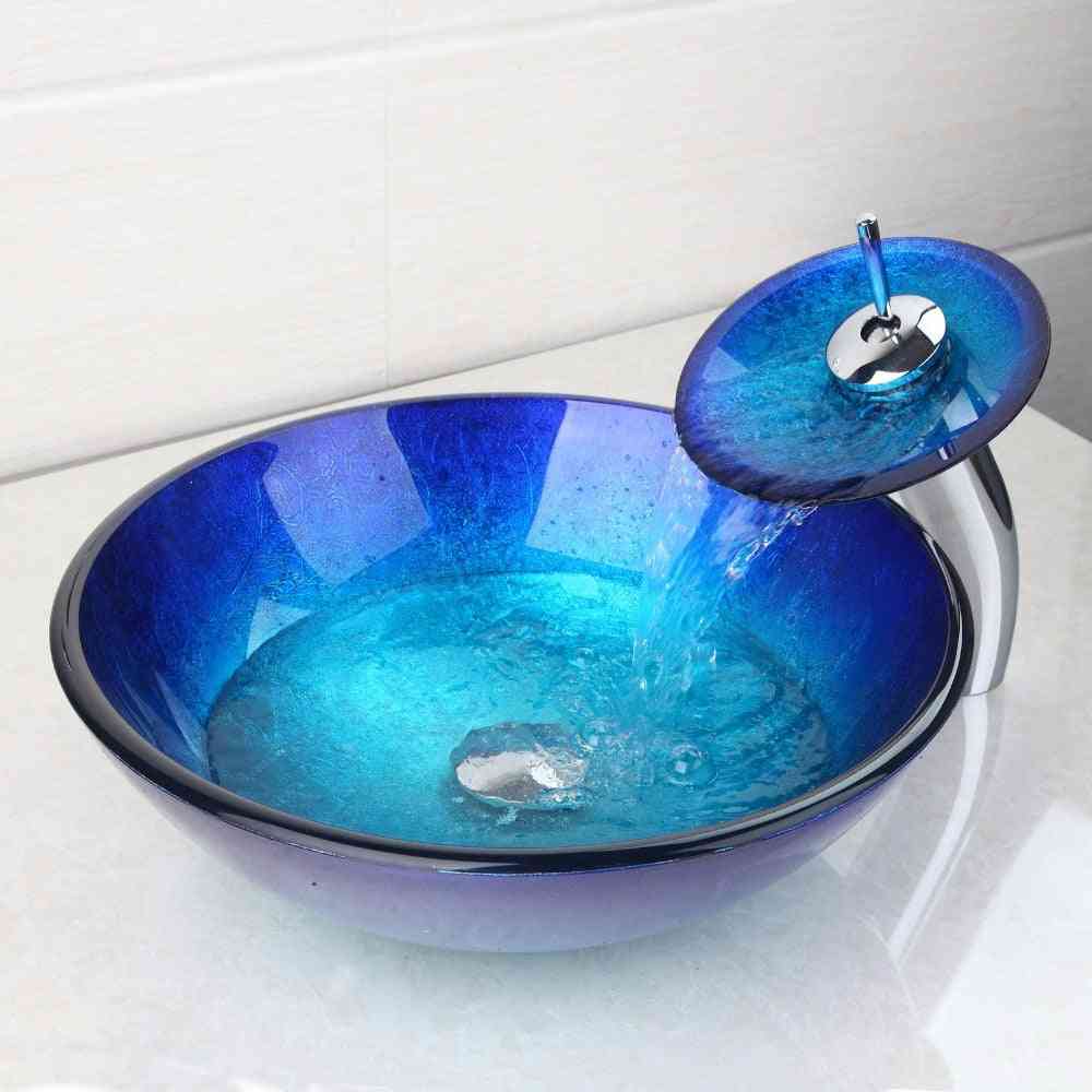 Tempered Glass Oval Wash-basin And Faucet Set