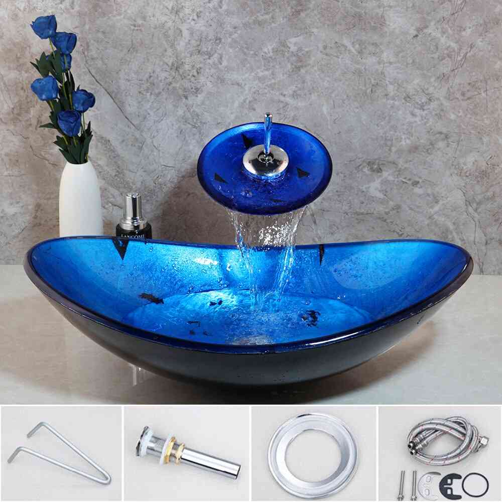 Vessel Shaped, Tempered Glass Wash Basin And Waterfall Faucet Set