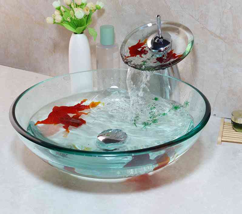 Tempered Glass Bathroom Vessel Sink And Waterfall Faucet Set