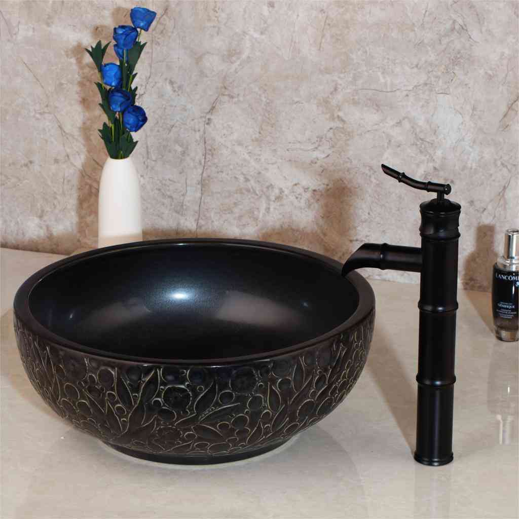 Ceramic Countertop Sink And Bamboo Design Waterfall Taps