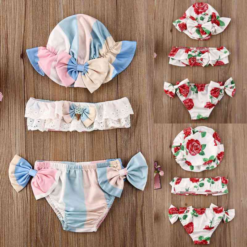 3pcs de maillot de bain d'été bébé fille nouveau-né-ensembles de bikini à imprimé floral