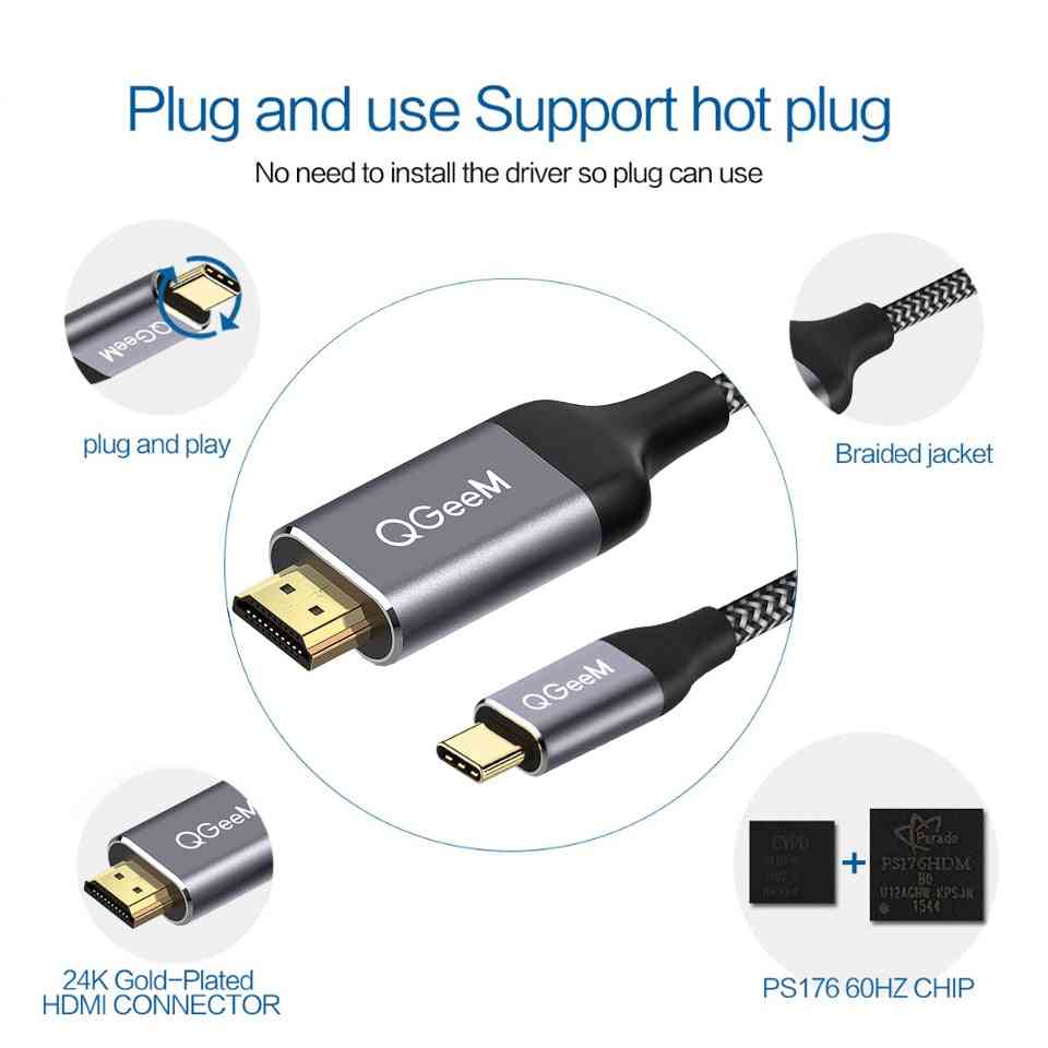 Qgeem usb para cabo HDMI, conversor c hdmi thunderbolt para macbook, huawei mate, adaptador usb - 4k 30hz / 1,2m