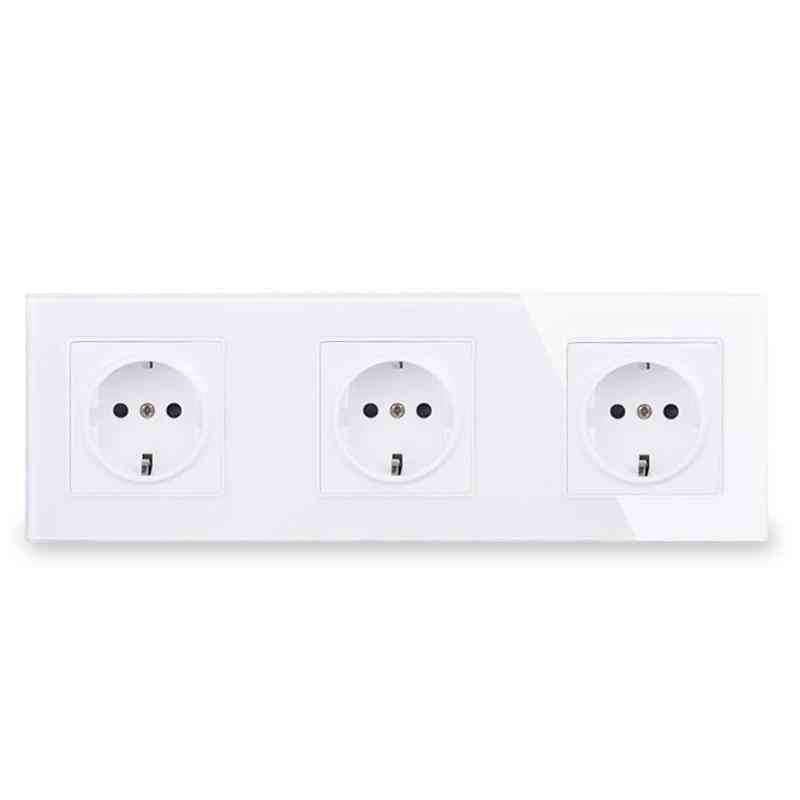 Wall Crystal Glass Panel 3 Gang Power Socket Plug Grounded, Electrical Triple Outlet