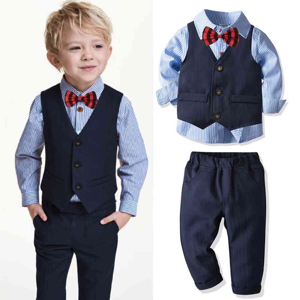 4pcs Suits, Baby Striped Shirt, Vest, Trousers & Formal Blazer Clothes Set