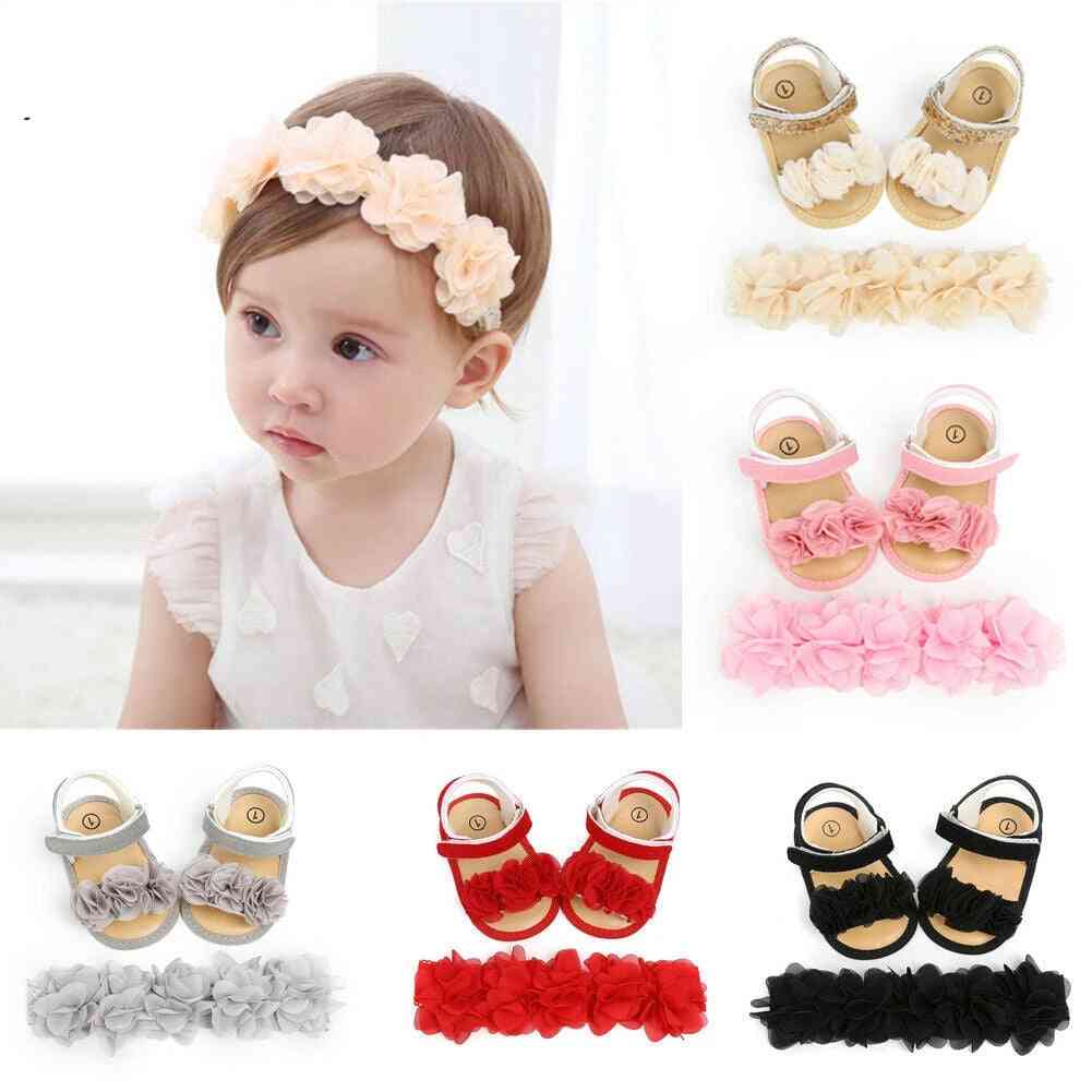 Baby zomerkleding pasgeboren kind, meisje bloem sandalen schoenen, zachte zool, haak casual + hoofdband effen set - zwart / 0-6 maanden