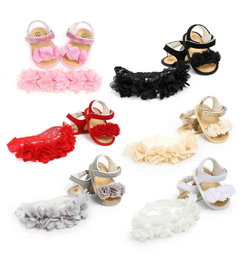 Letnia odzież dla niemowląt noworodek, dziewczynka sandały kwiatowe buty, miękka podeszwa, haczyk casual + opaska na głowę - czarny / 0-6 miesięcy