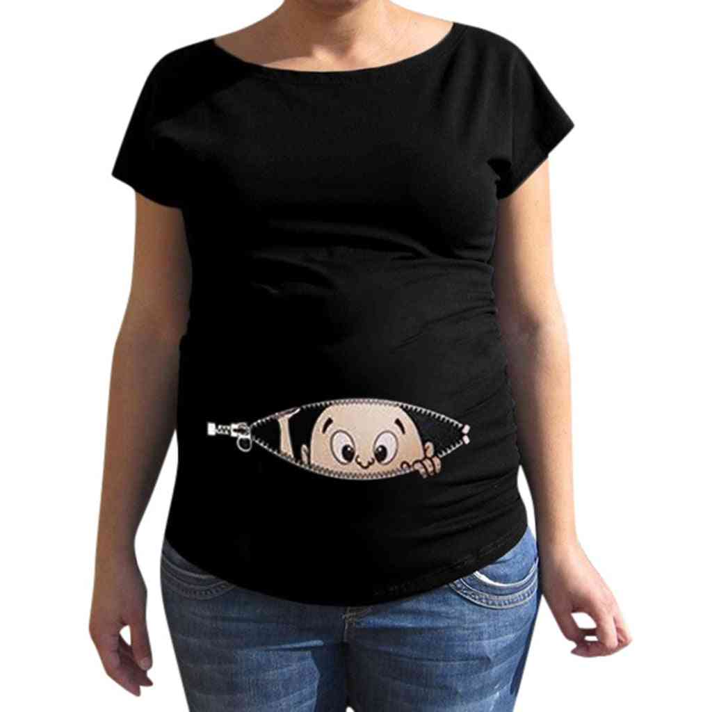 Donne maternità manica corta cartone animato bambino stampato top / camicetta gravidanza camicia- vestiti abbigliamento per l'allattamento al seno per incinta - nero / s