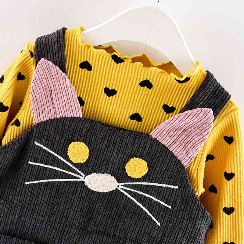 Fall Winter Spring Clothes Sets -autumn Cotton, Long Sleeves Dot T-shirt+cat Strap Dress