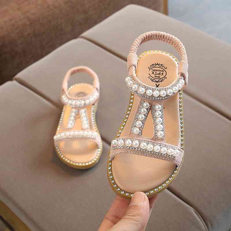 Sommer sandaler slip-on, perlekrystal, romersk sko med en prinsesse til børn, spædbarn, pige / børn - hvid / 5,5